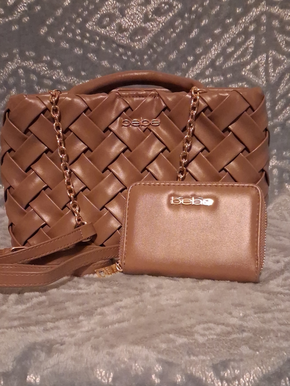 bebe Woven Crossbody Bag and Matching Wallet - Brown